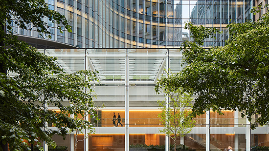 Inside a building covered in windows, two Feinberg staff members walk across a hallway.