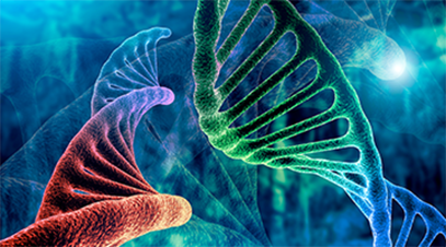 digital rendering of a rainbow-colored DNA double helix against a blue-green background