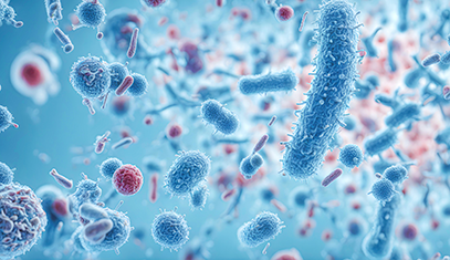Microscopic blue bacteria and viruses