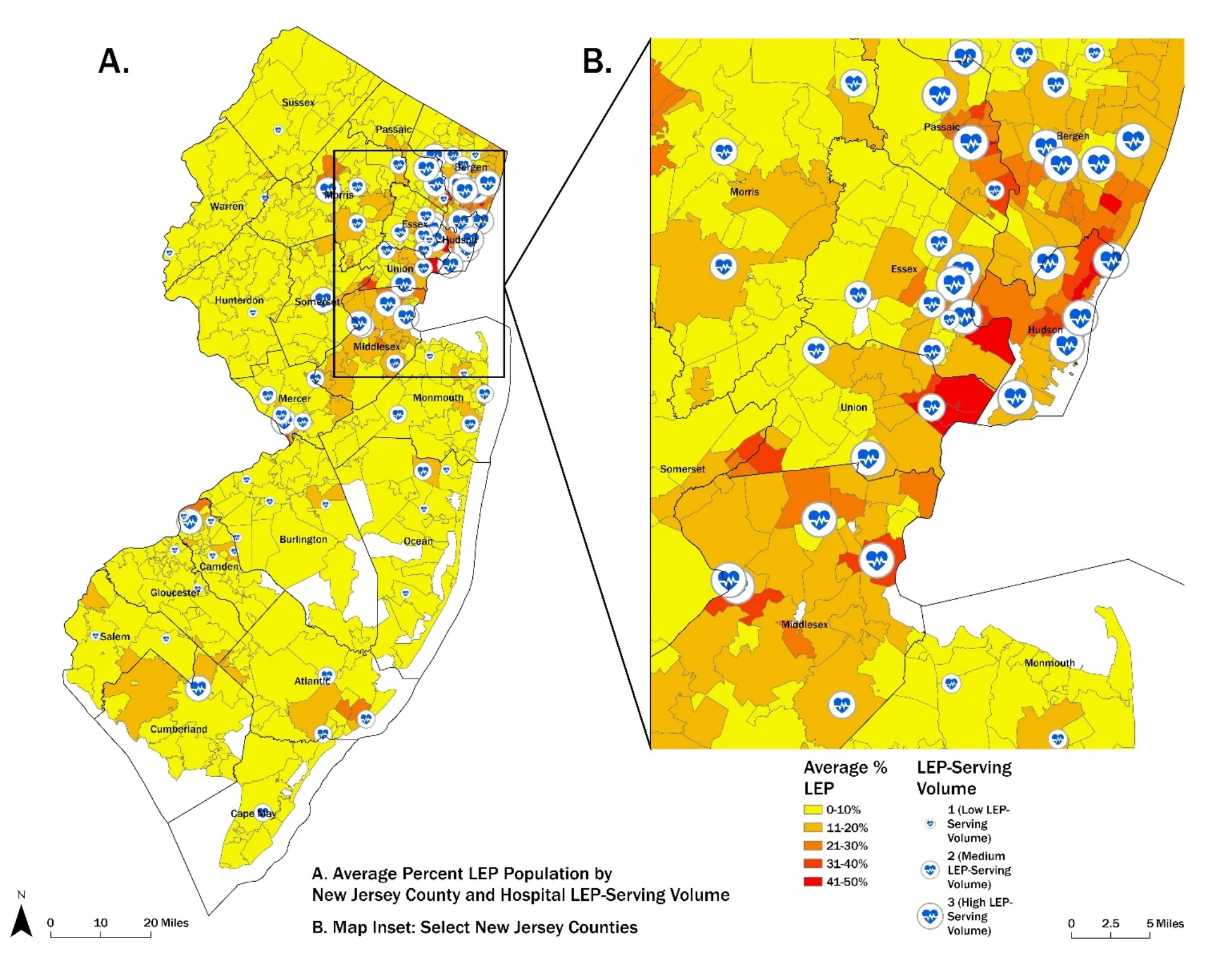 map of New Jersey showing distribution of LEP populations and hospital locations