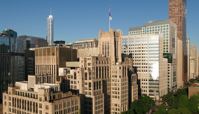 Aerial photo of the ward building and Prentice Women's Hospital